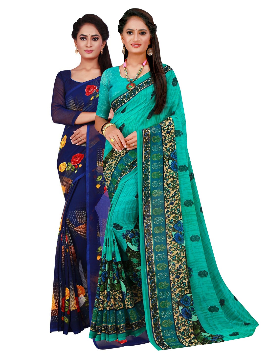 

SAADHVI Navy Blue & Yellow Floral Pure Georgette Saree