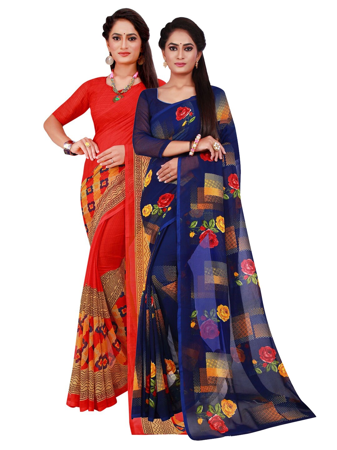 

SAADHVI Red & Navy Blue Floral Pure Georgette Saree