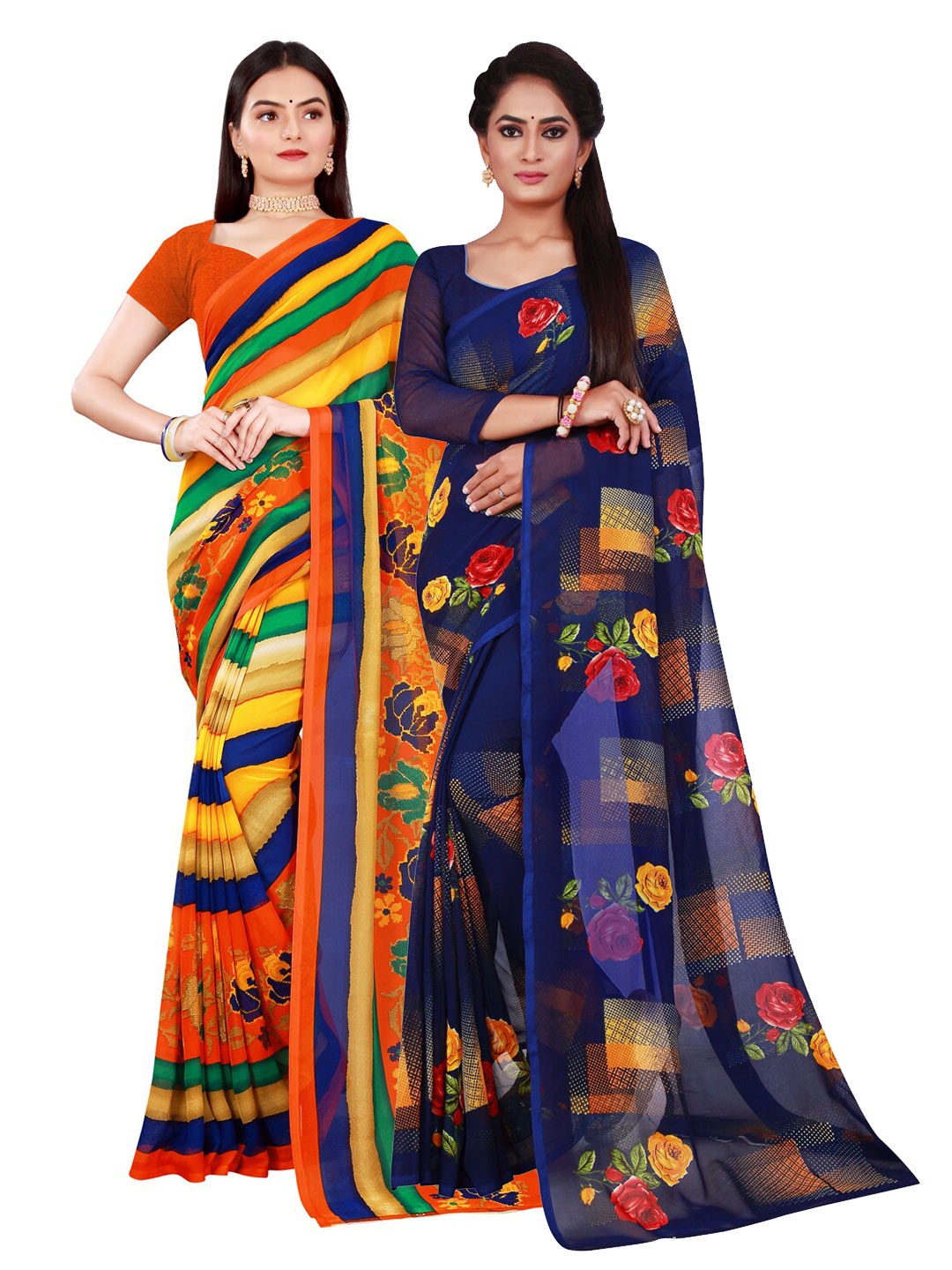 

SAADHVI Blue & Yellow Floral Pure Georgette Saree