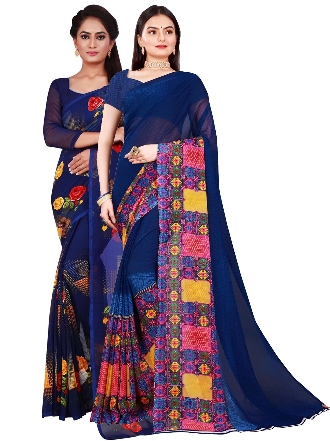 

SAADHVI Navy Blue & Yellow Floral Pure Georgette Saree