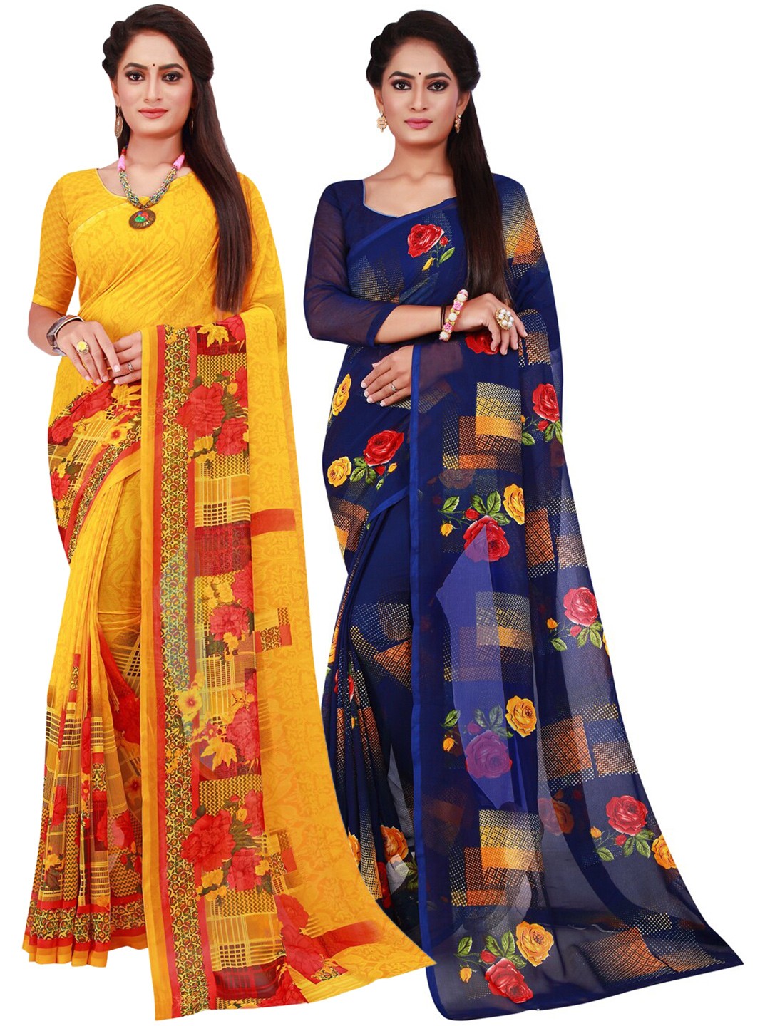 

SAADHVI Yellow & Blue Floral Pure Georgette Saree