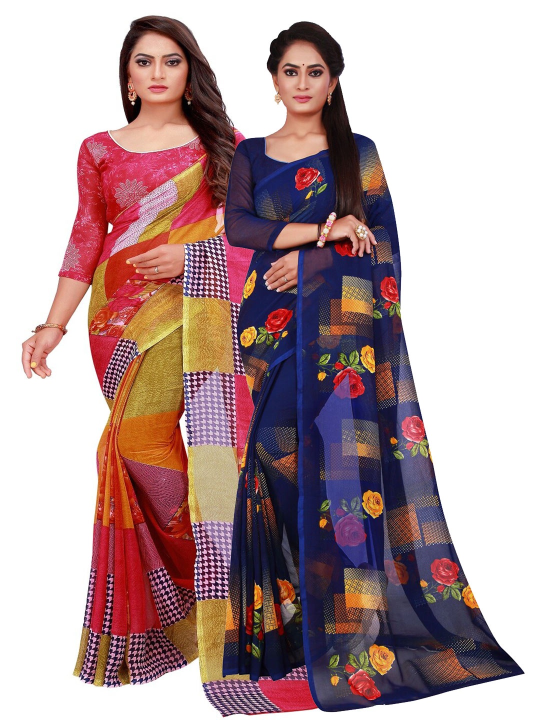 

SAADHVI Red & Navy Blue Floral Pure Georgette Saree