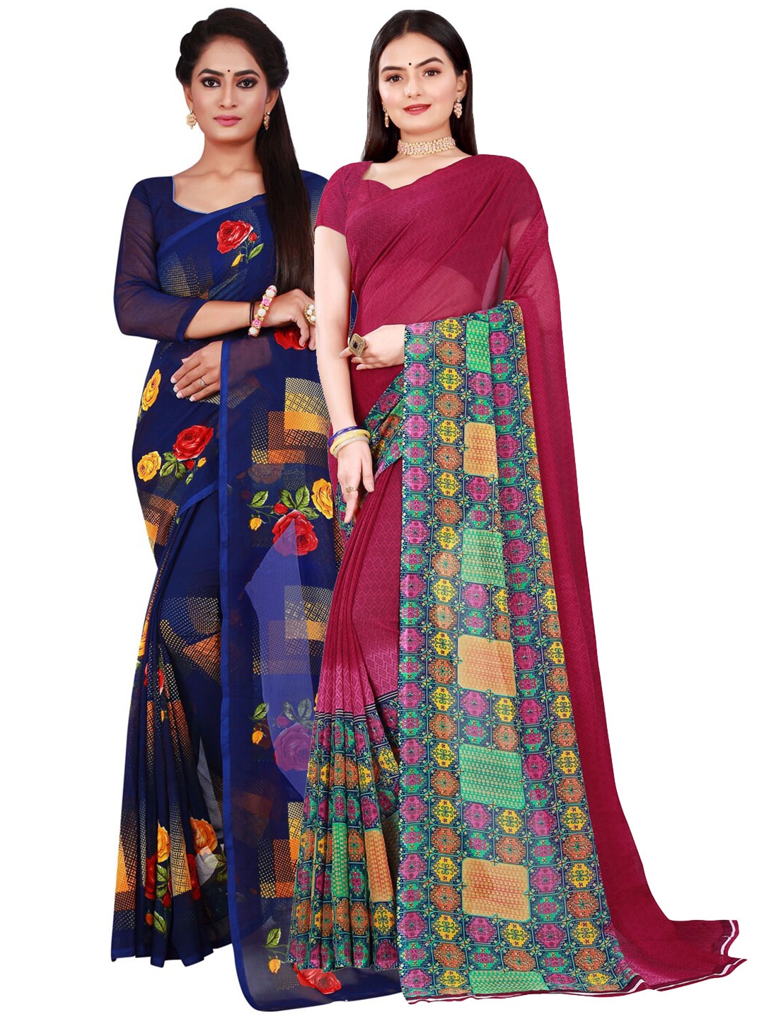 

SAADHVI Navy Blue & Maroon Pure Georgette Saree