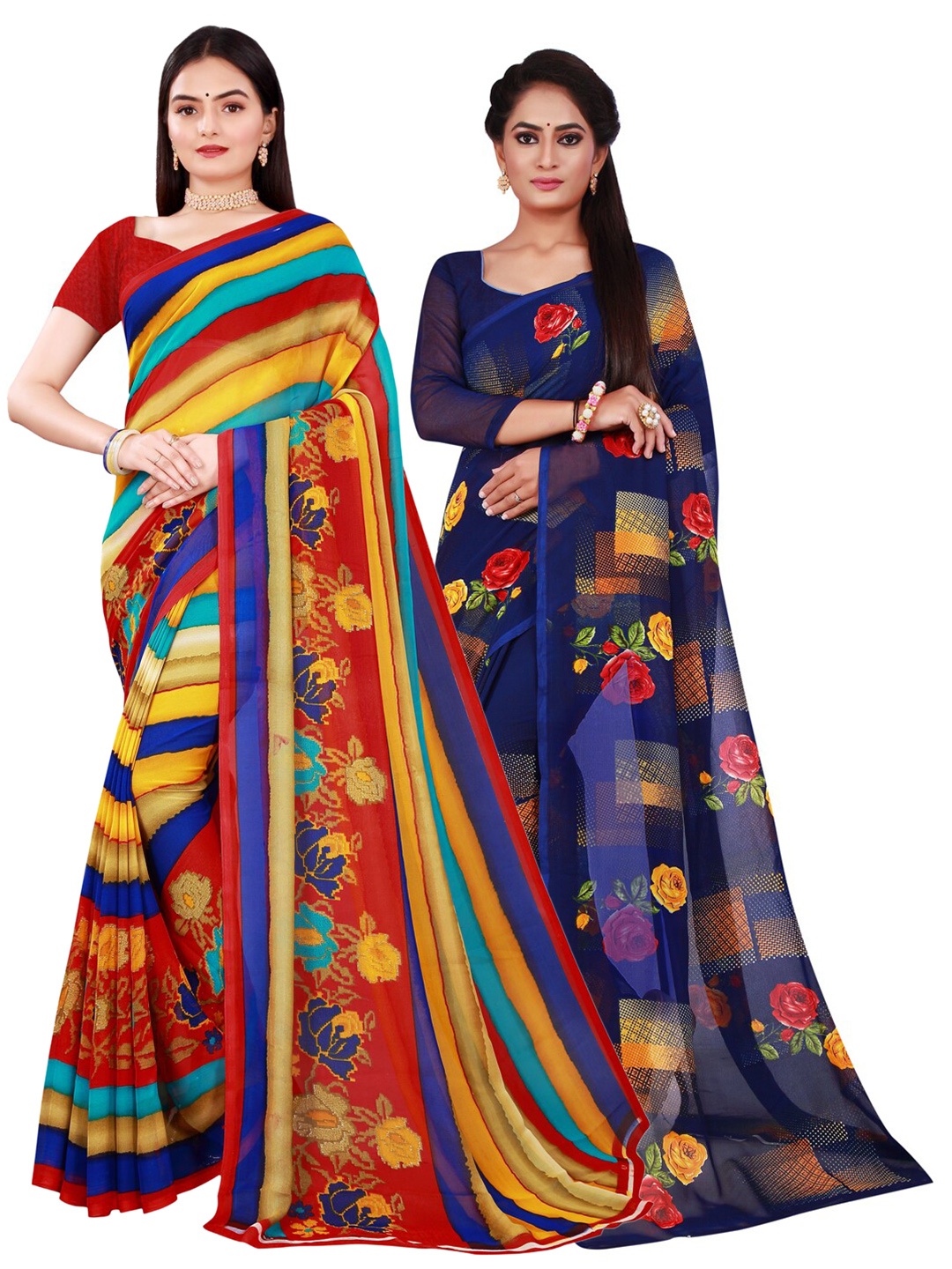 SAADHVI Navy Blue & Red Floral Pure Georgette Saree