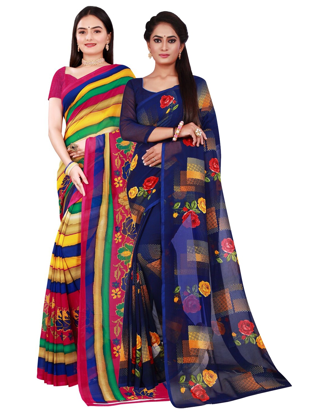 

SAADHVI Navy Blue & Magenta Pure Georgette Saree
