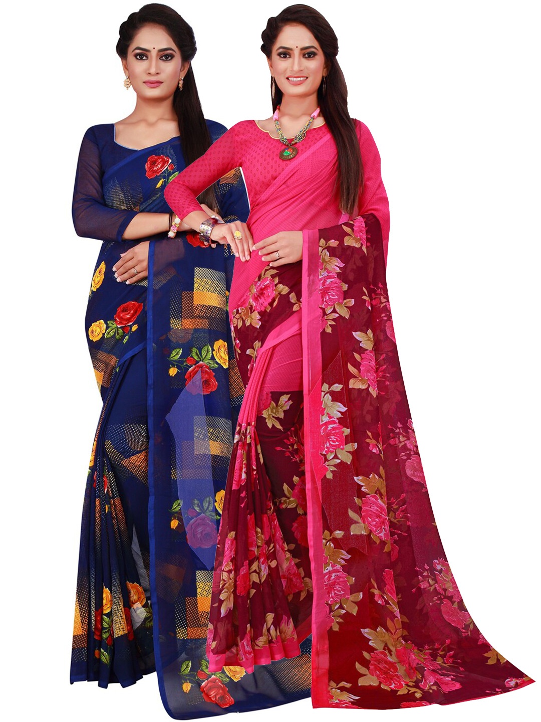 SAADHVI Navy Blue & Magenta Floral Pure Georgette Saree