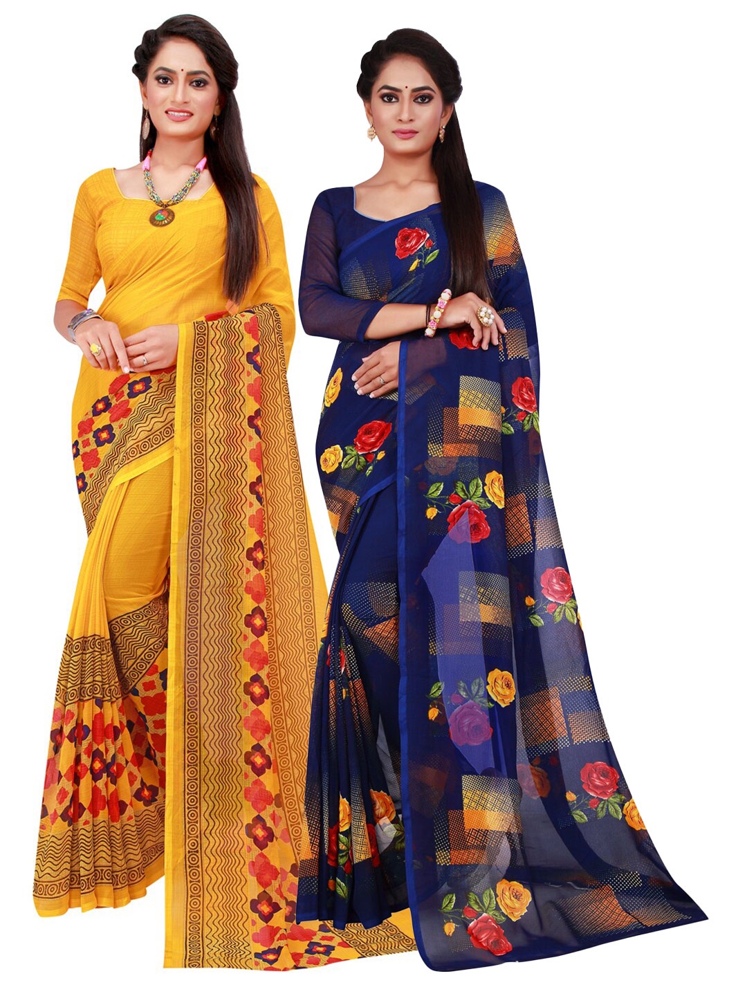 

SAADHVI Yellow & Navy Blue Floral Pure Georgette Saree