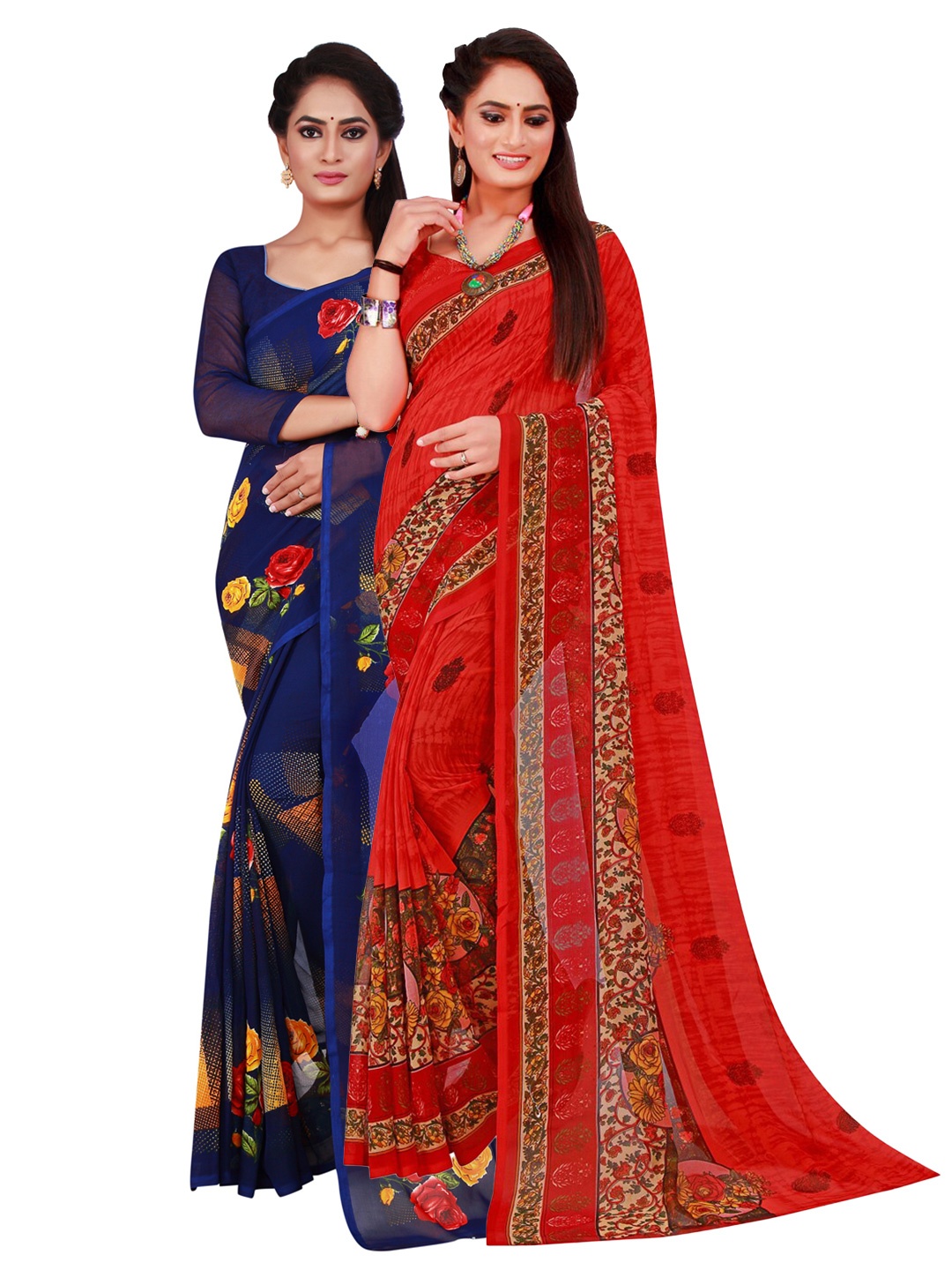 

SAADHVI Navy Blue & Red Floral Pure Georgette Saree