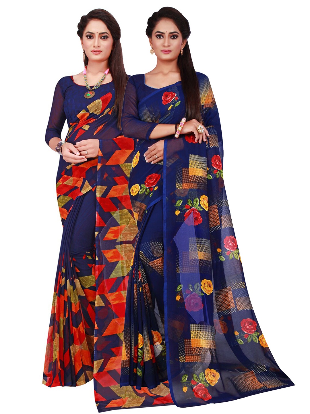 

SAADHVI Navy Blue & Red Floral Pure Georgette Saree