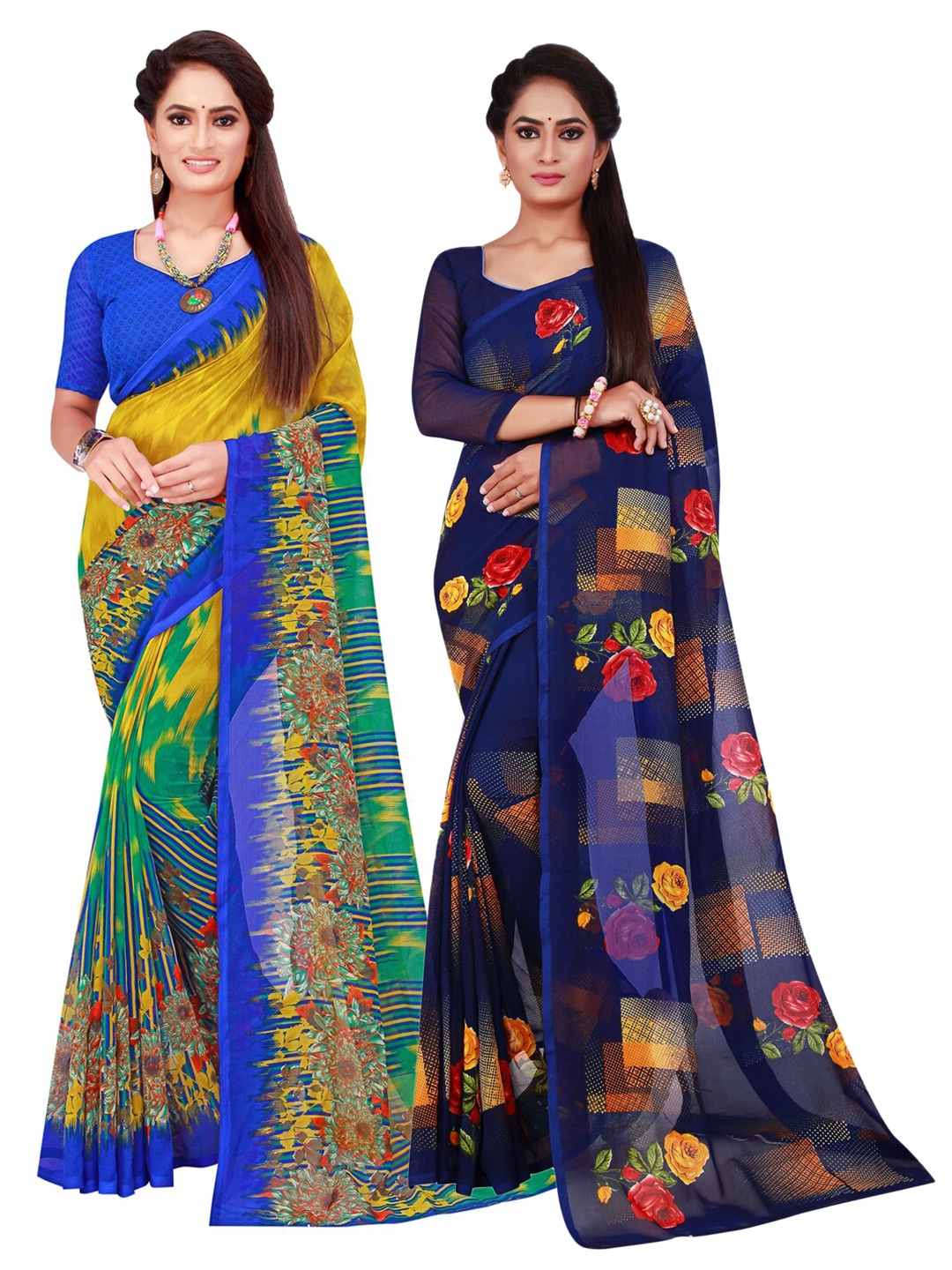 

SAADHVI Navy Blue & Yellow Floral Pure Georgette Saree