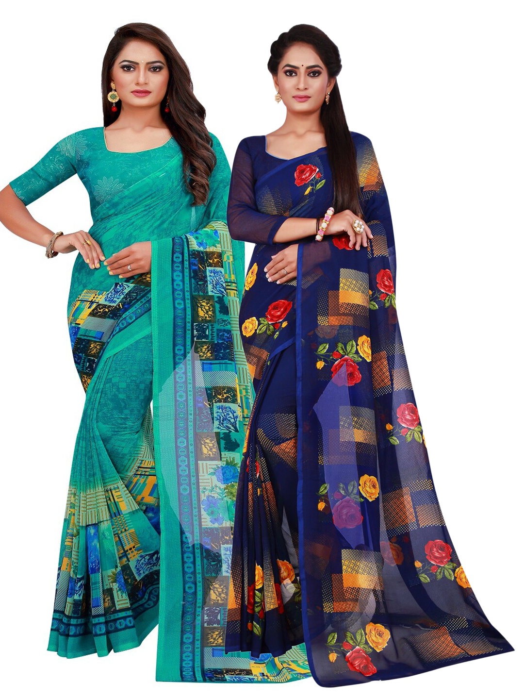 

SAADHVI Turquoise Blue & Yellow Floral Pure Georgette Saree