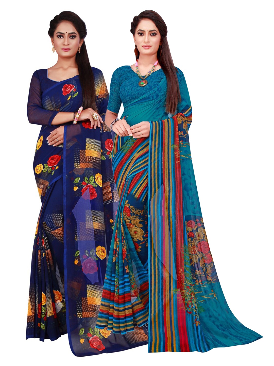 

SAADHVI Navy Blue & Green Floral Pure Georgette Saree
