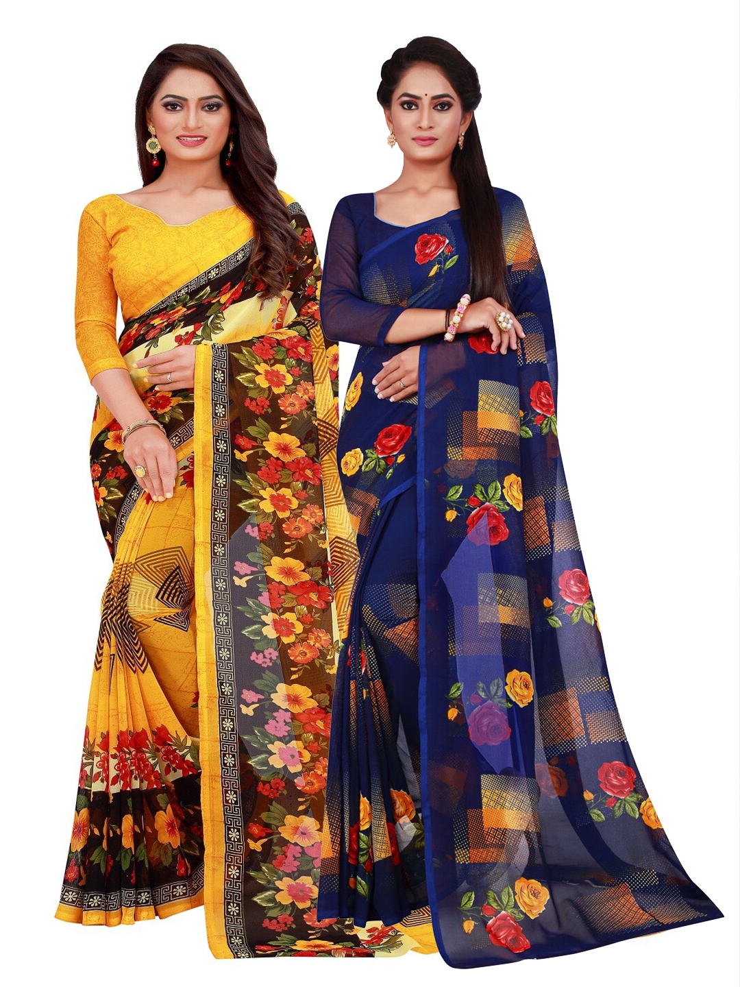 SAADHVI Yellow & Navy Blue Floral Pure Georgette Saree