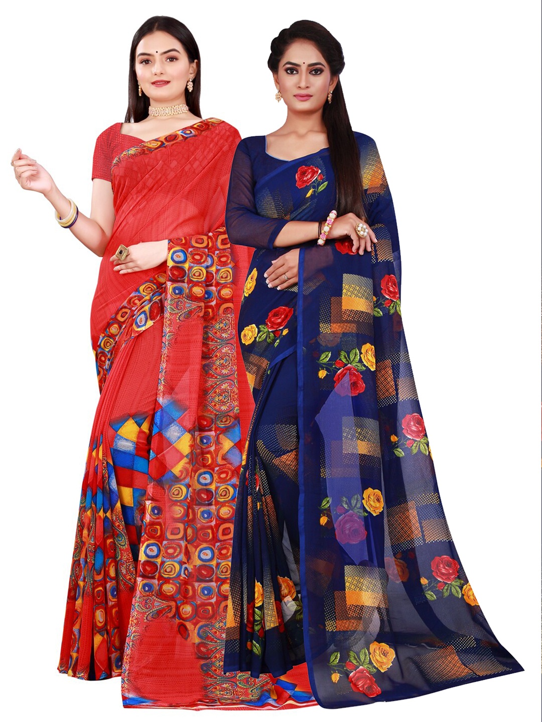 

SAADHVI Red & Navy Blue Floral Pure Georgette Saree