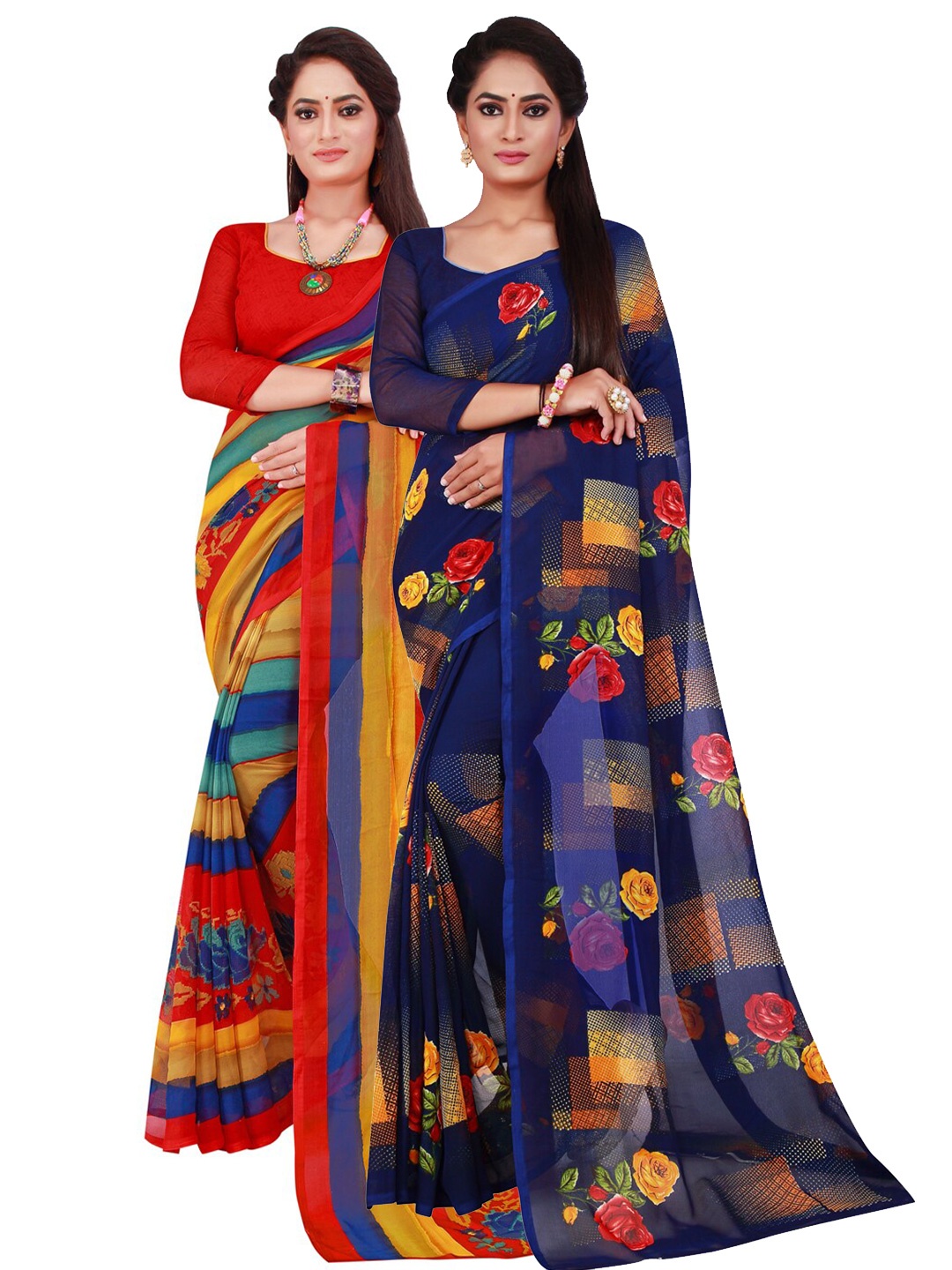 

SAADHVI Yellow & Navy Blue Floral Pure Georgette Saree