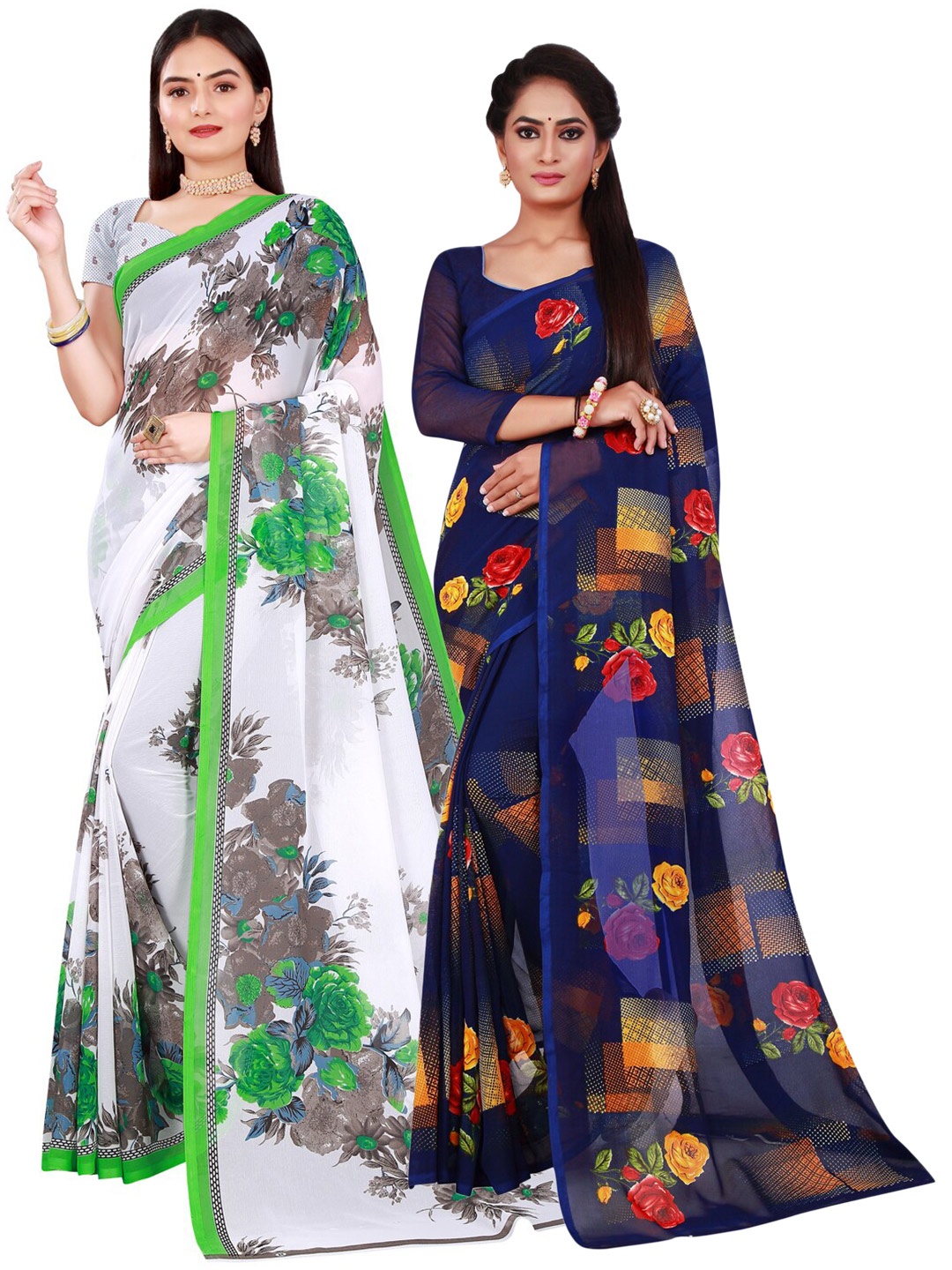 

SAADHVI Navy Blue & White Pure Georgette Saree