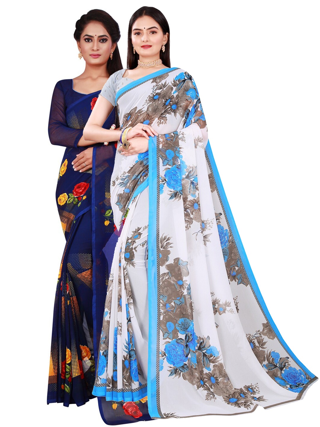 

SAADHVI Navy Blue & White Floral Pure Georgette Saree