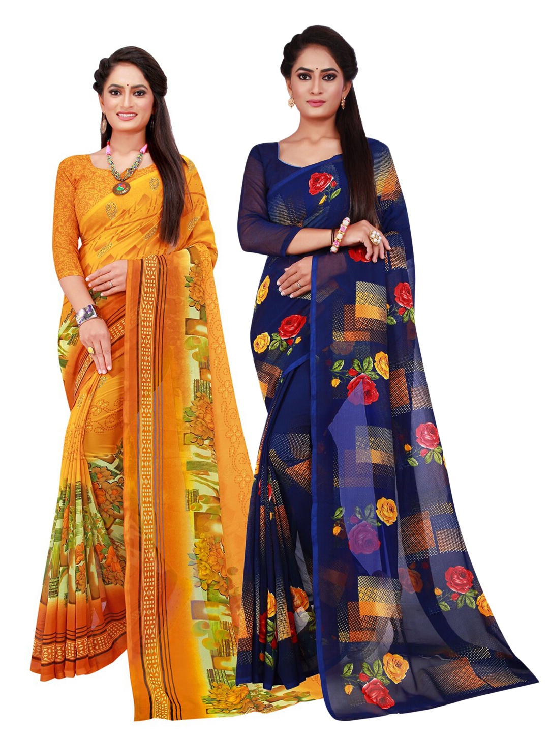 

SAADHVI Navy Blue & Yellow Paisley Pure Georgette Saree