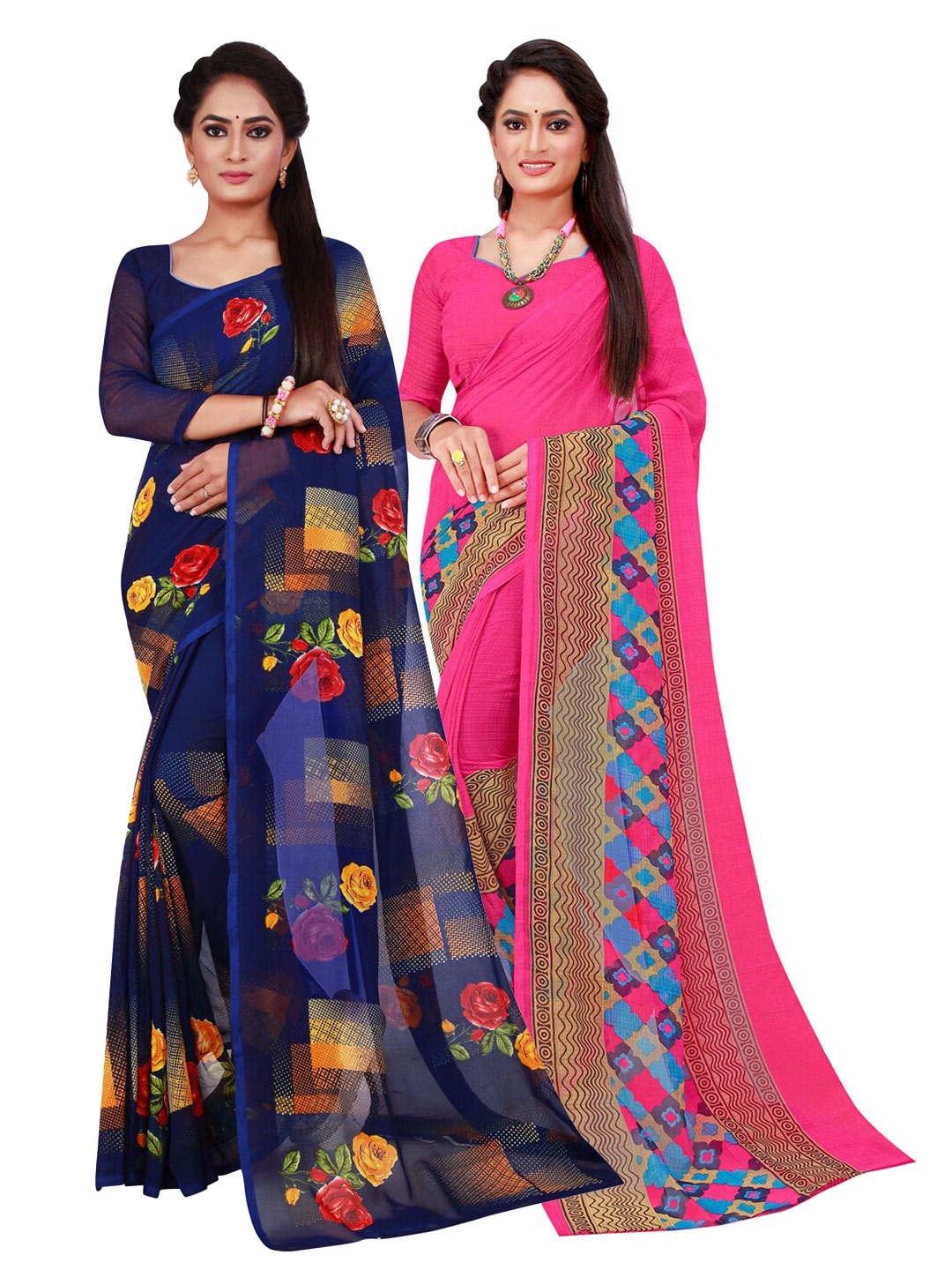 

SAADHVI Magenta & Navy Blue Floral Pure Georgette Saree