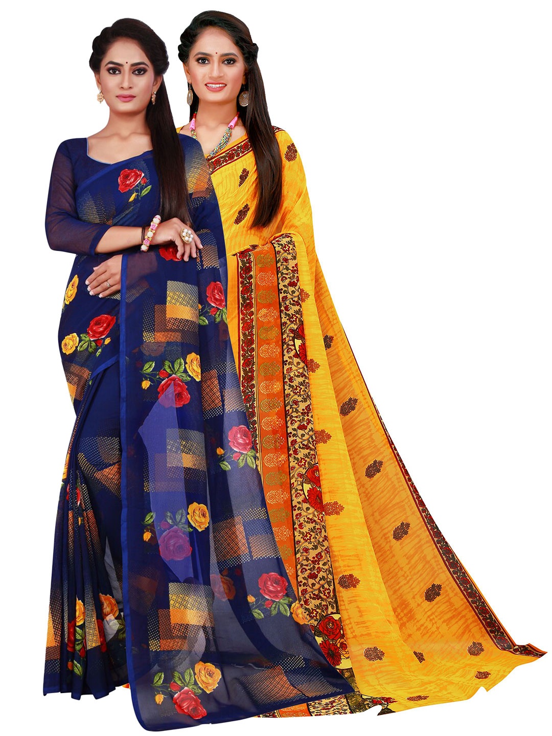 

SAADHVI Navy Blue & Yellow Pure Georgette Saree