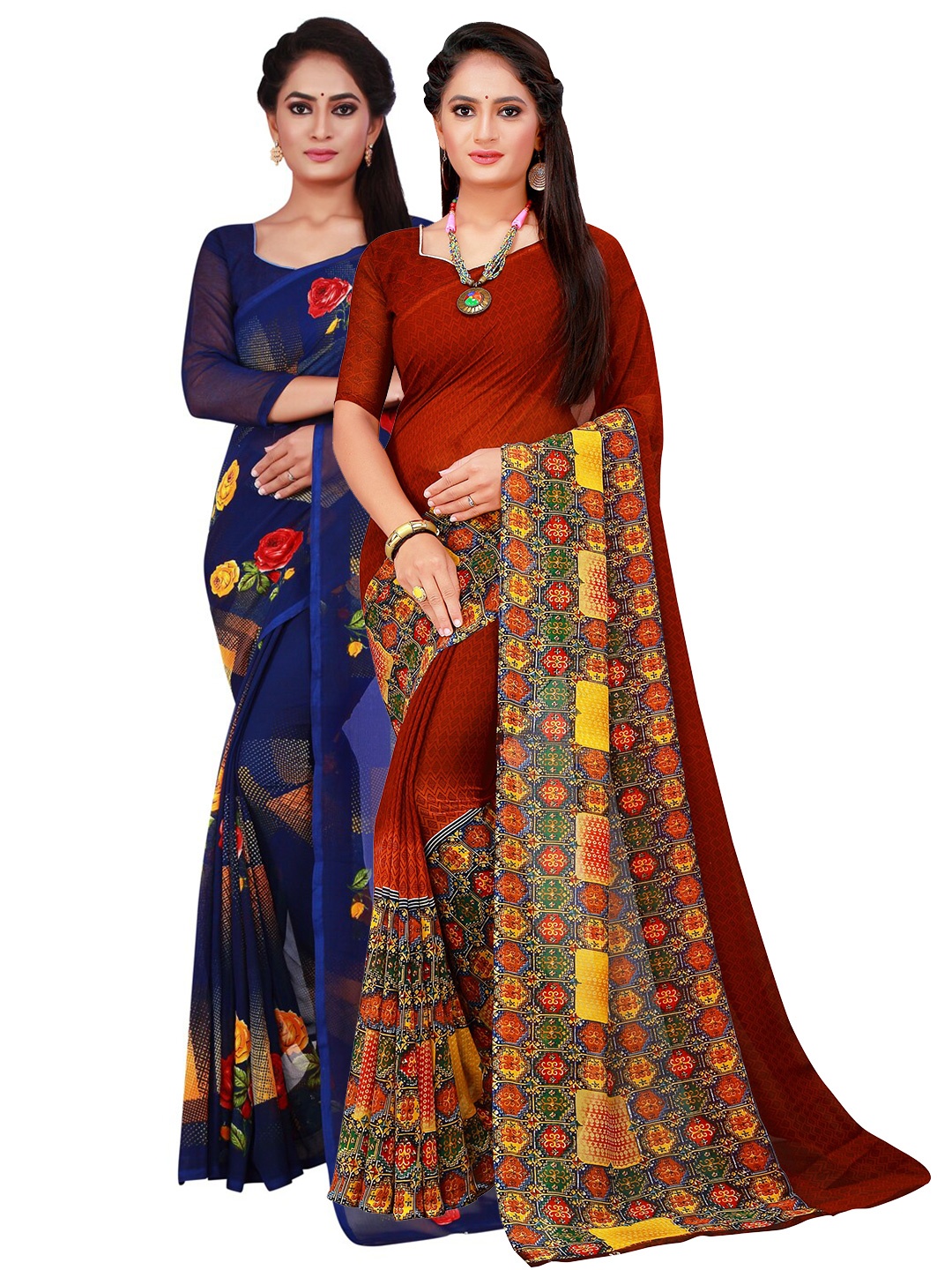 

SAADHVI Navy Blue & Maroon Floral Pure Georgette Saree