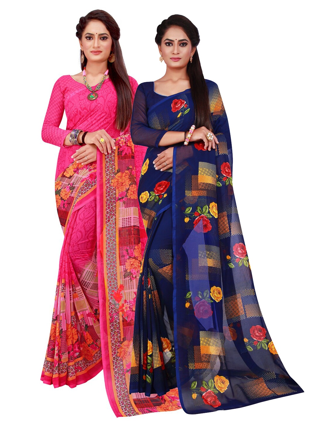 

SAADHVI Magenta & Navy Blue Floral Pure Georgette Saree