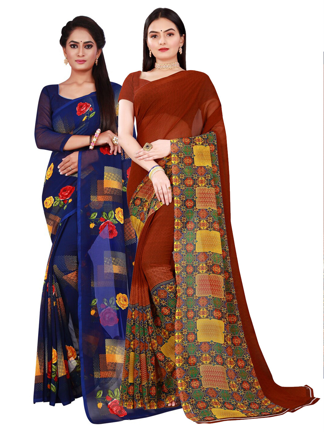 

SAADHVI Navy Blue & Brown Pure Georgette Saree