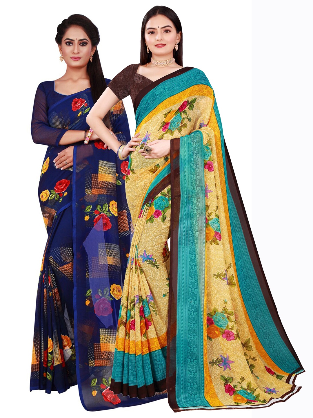 

SAADHVI Navy Blue & Beige Pure Georgette Saree