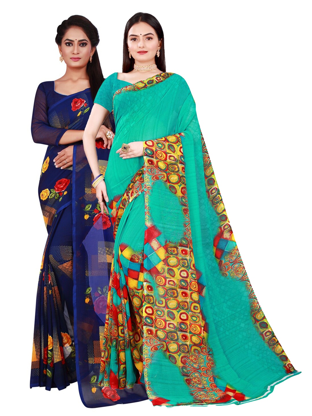 SAADHVI Navy Blue & Sea Green Floral Pure Georgette Saree