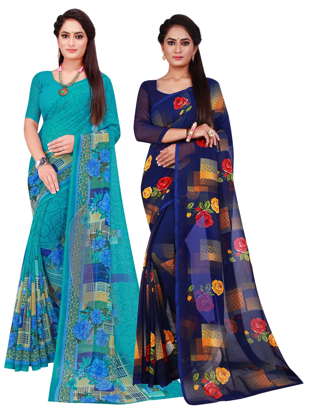 

SAADHVI Turquoise Blue & Red Pure Georgette Saree