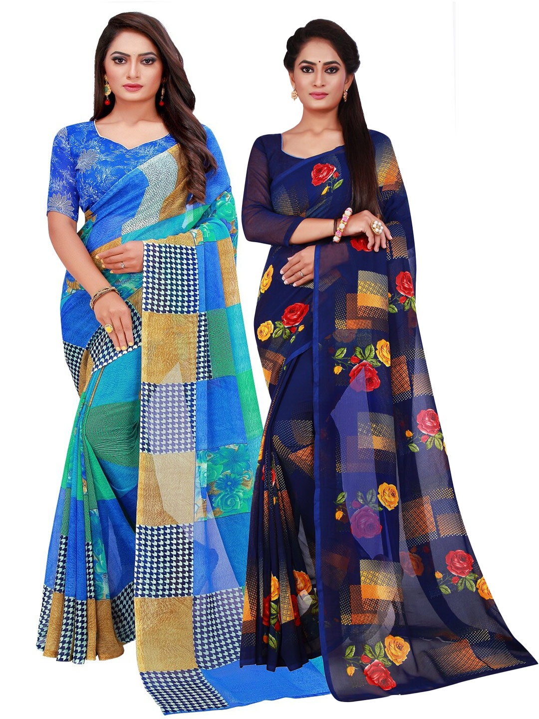 SAADHVI Blue & Yellow Floral Pure Georgette Saree