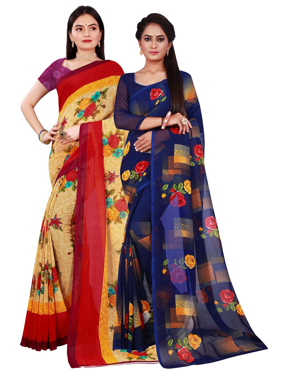 

SAADHVI Beige & Navy Blue Floral Pure Georgette Saree