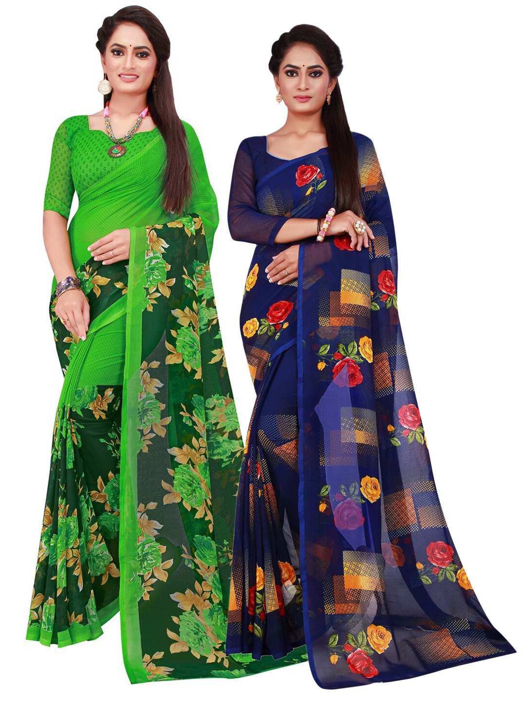 

SAADHVI Navy Blue & Green Floral Pure Georgette Saree