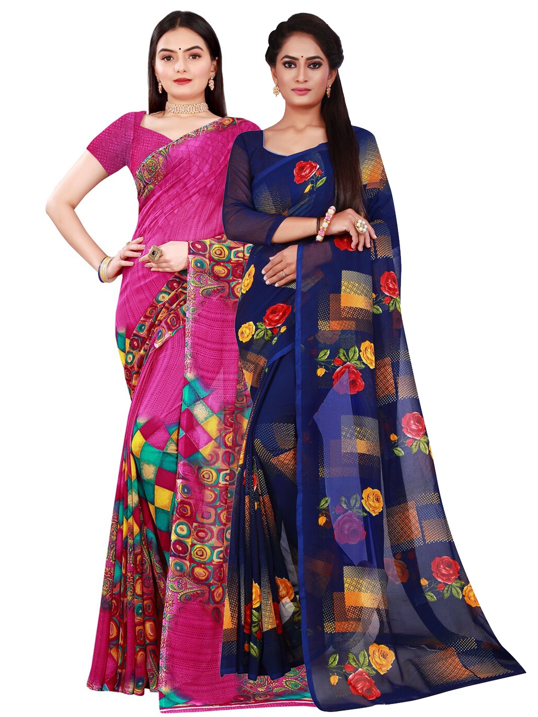 

SAADHVI Magenta & Blue Pure Georgette Saree