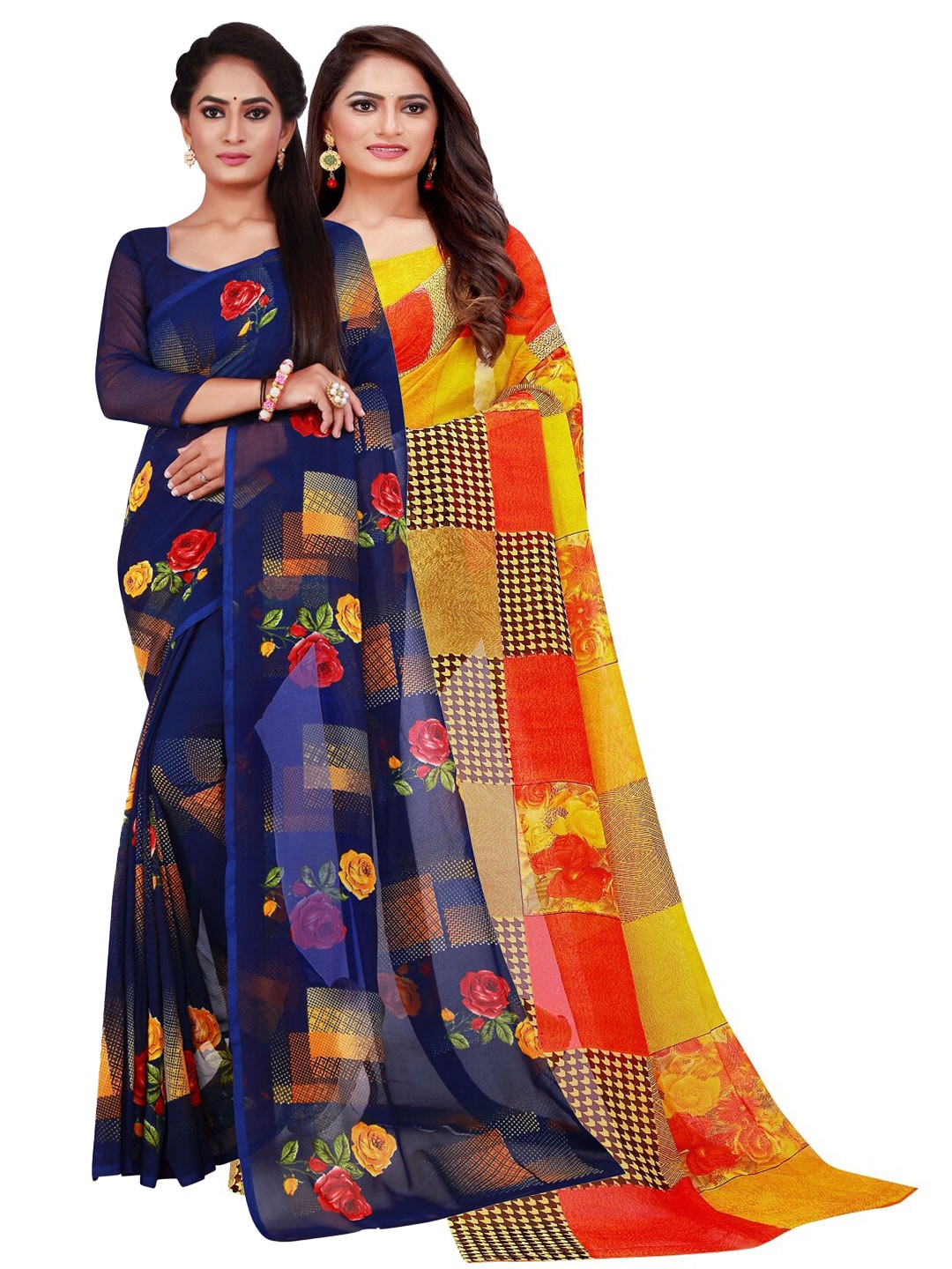

SAADHVI Navy Blue & Yellow Pure Georgette Saree