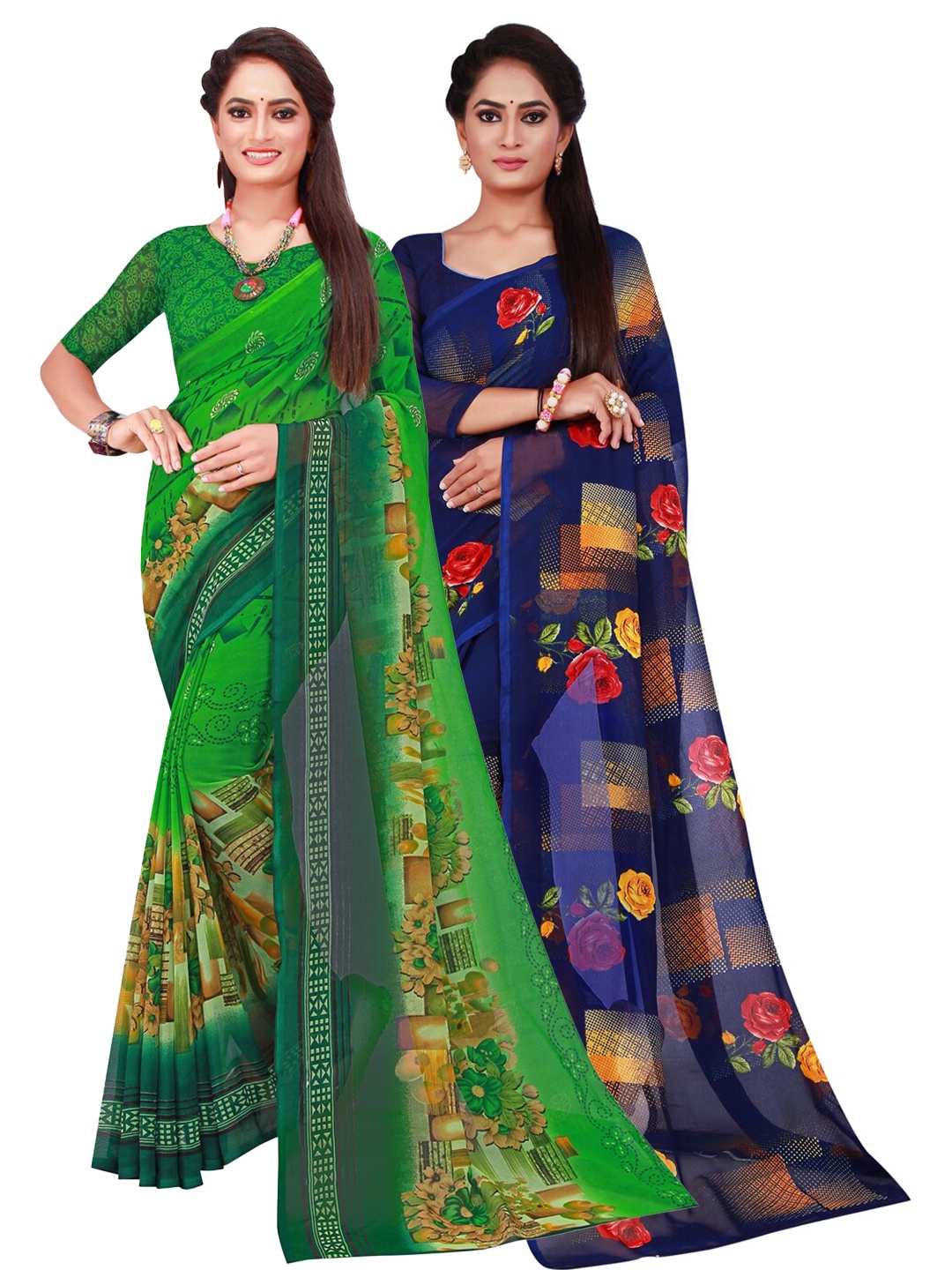 

SAADHVI Navy Blue & Green Pure Georgette Saree