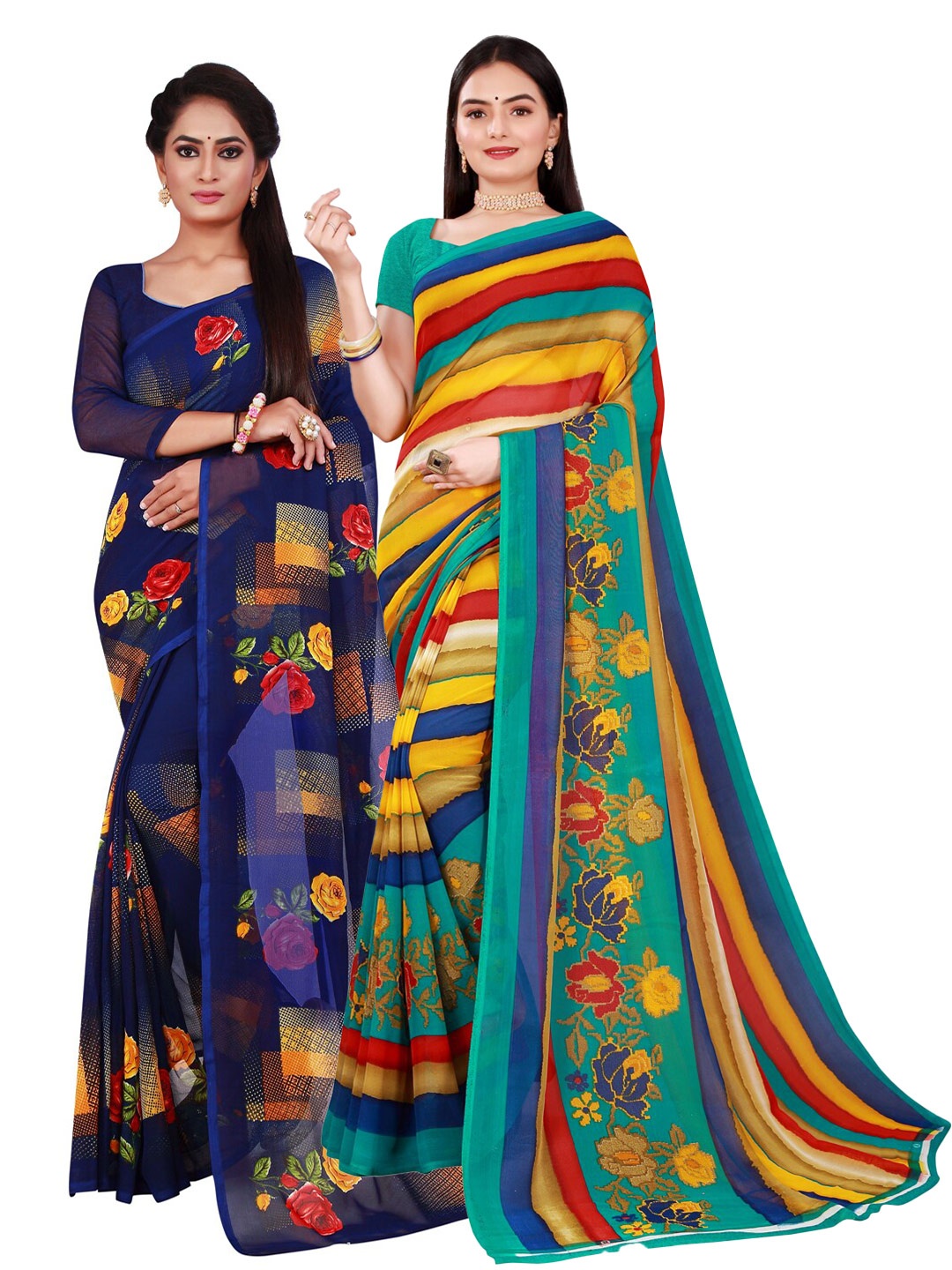 

SAADHVI Navy Blue & Red Floral Pure Georgette Saree
