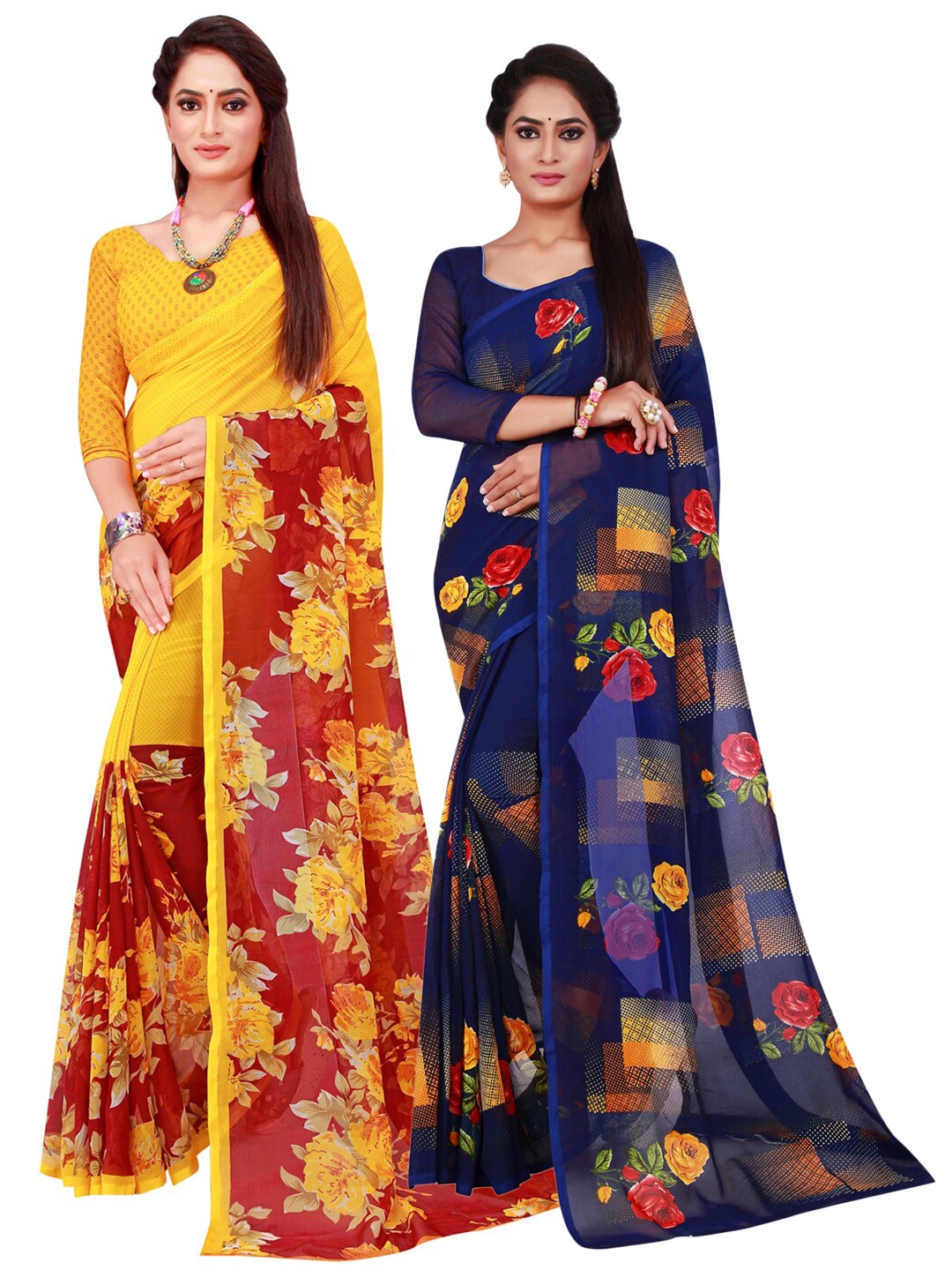 

SAADHVI Navy Blue & Maroon Floral Pure Georgette Saree