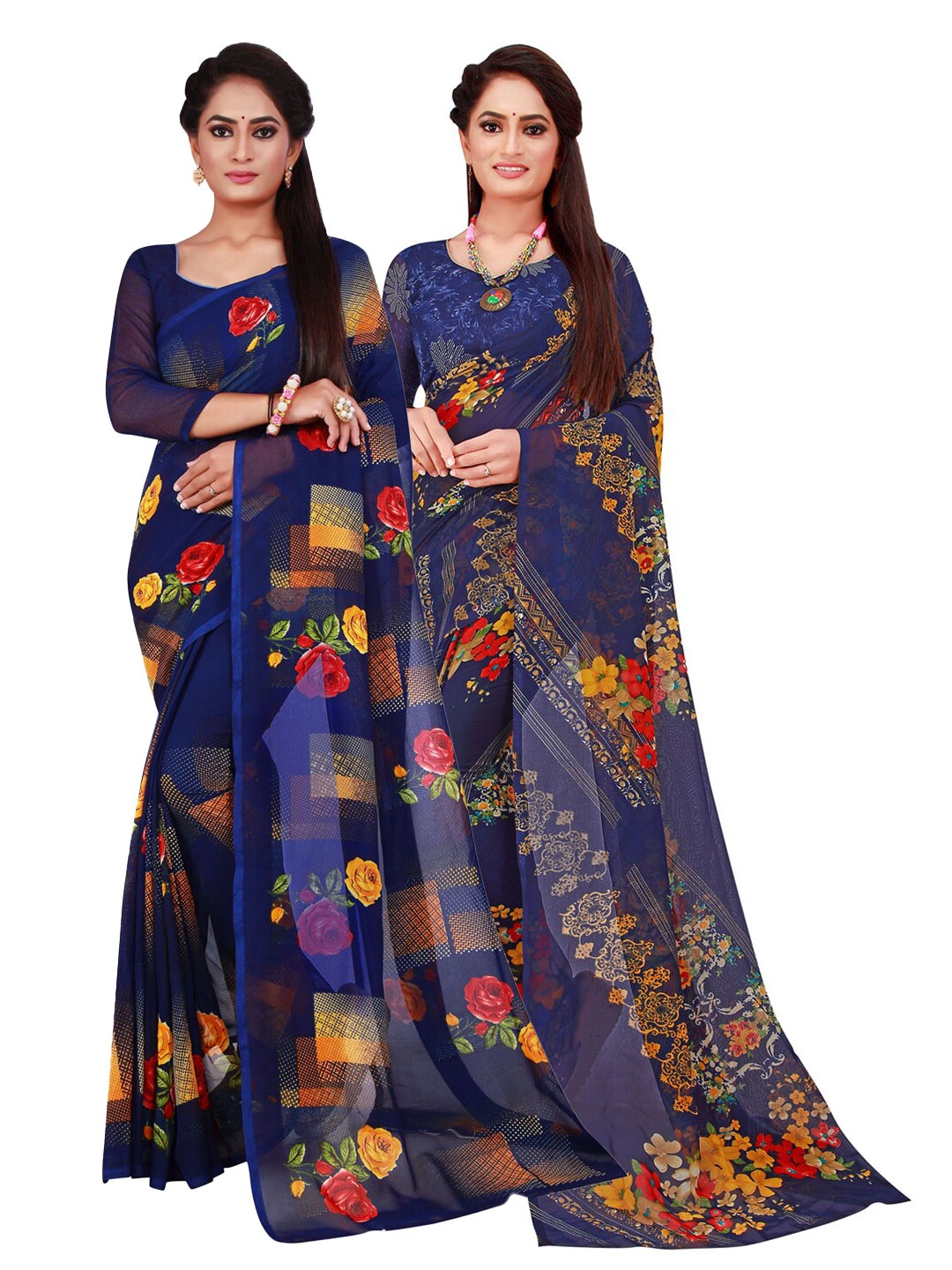 

SAADHVI Navy Blue & Yellow Pure Georgette Saree