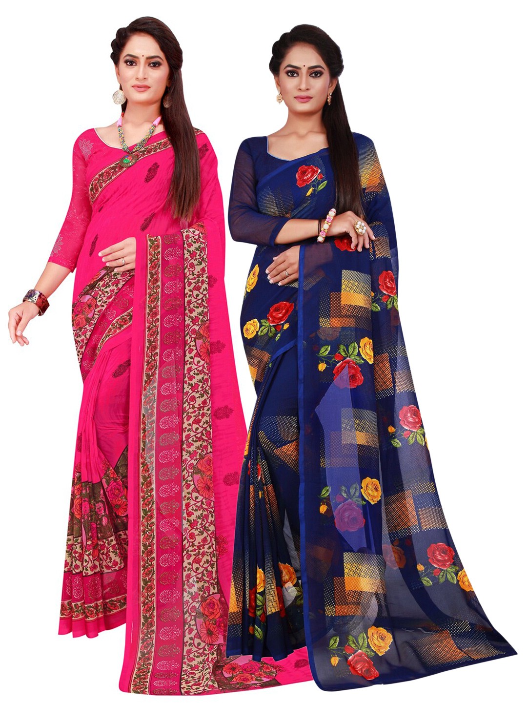 

SAADHVI Navy Blue & Magenta Floral Pure Georgette Saree