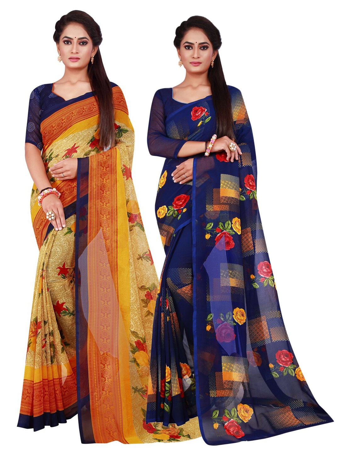 

SAADHVI Navy Blue & Beige Floral Pure Georgette Saree