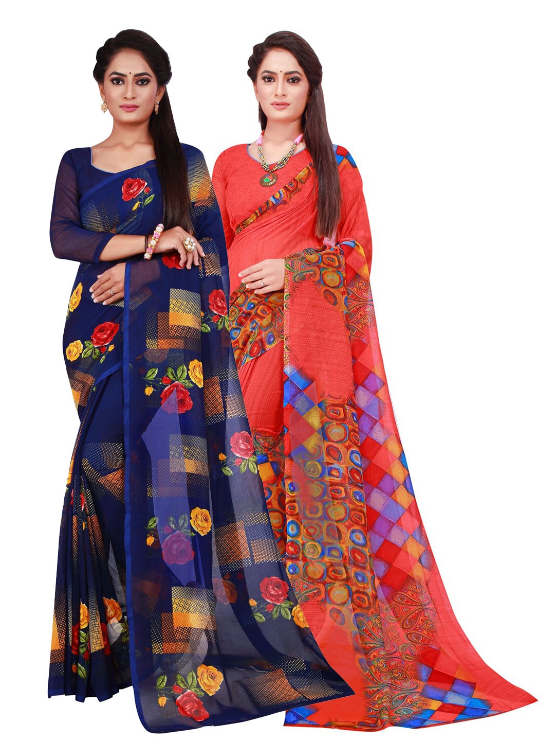 

SAADHVI Navy Blue & Pink Pure Georgette Saree
