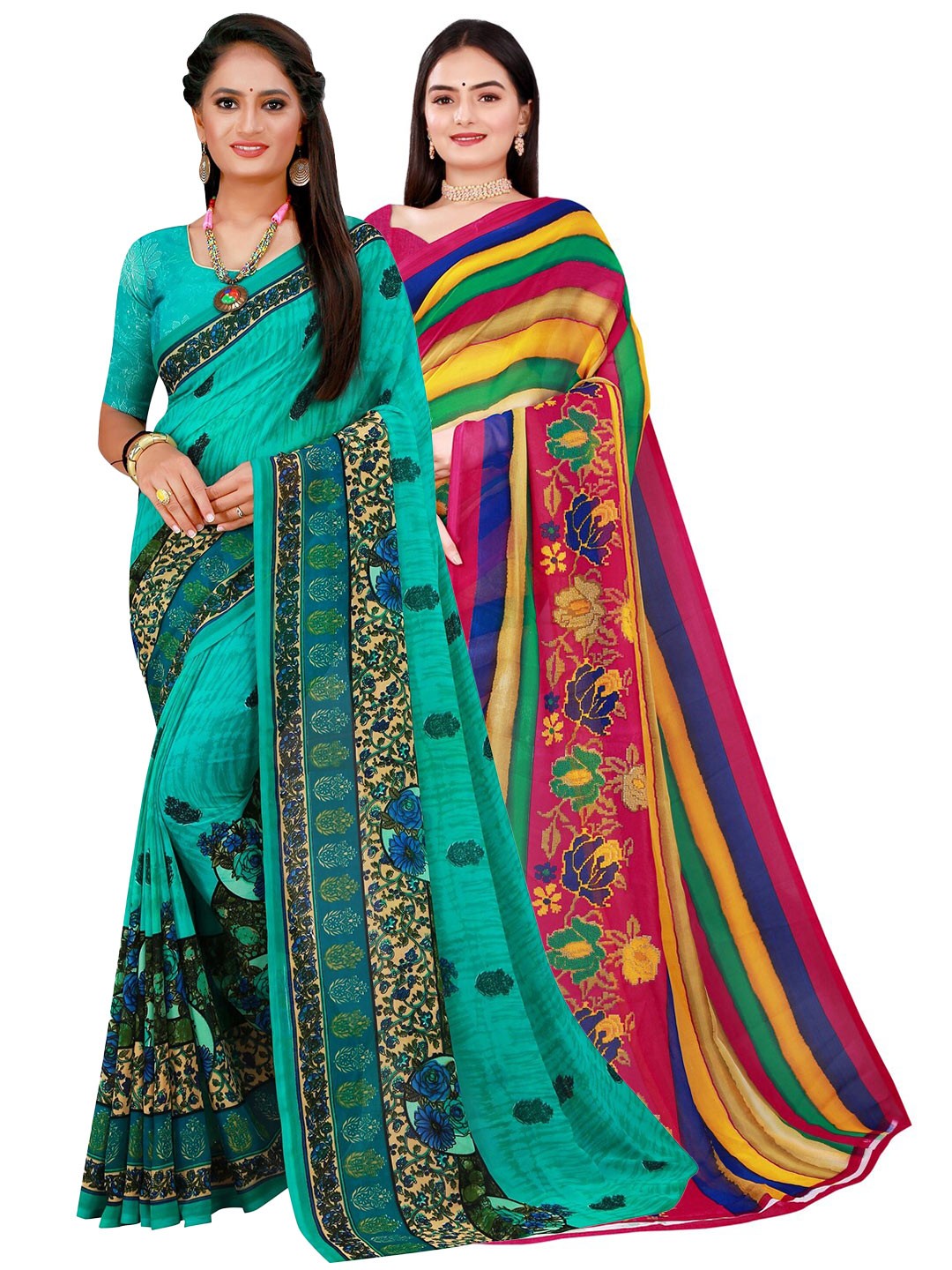 

SAADHVI Multicoloured & Green Pure Georgette Saree, Multi