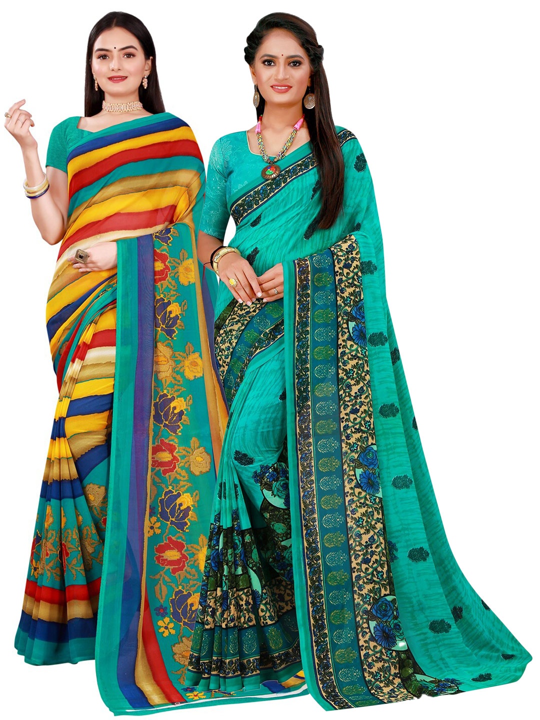 

SAADHVI Green & Blue Pure Georgette Saree