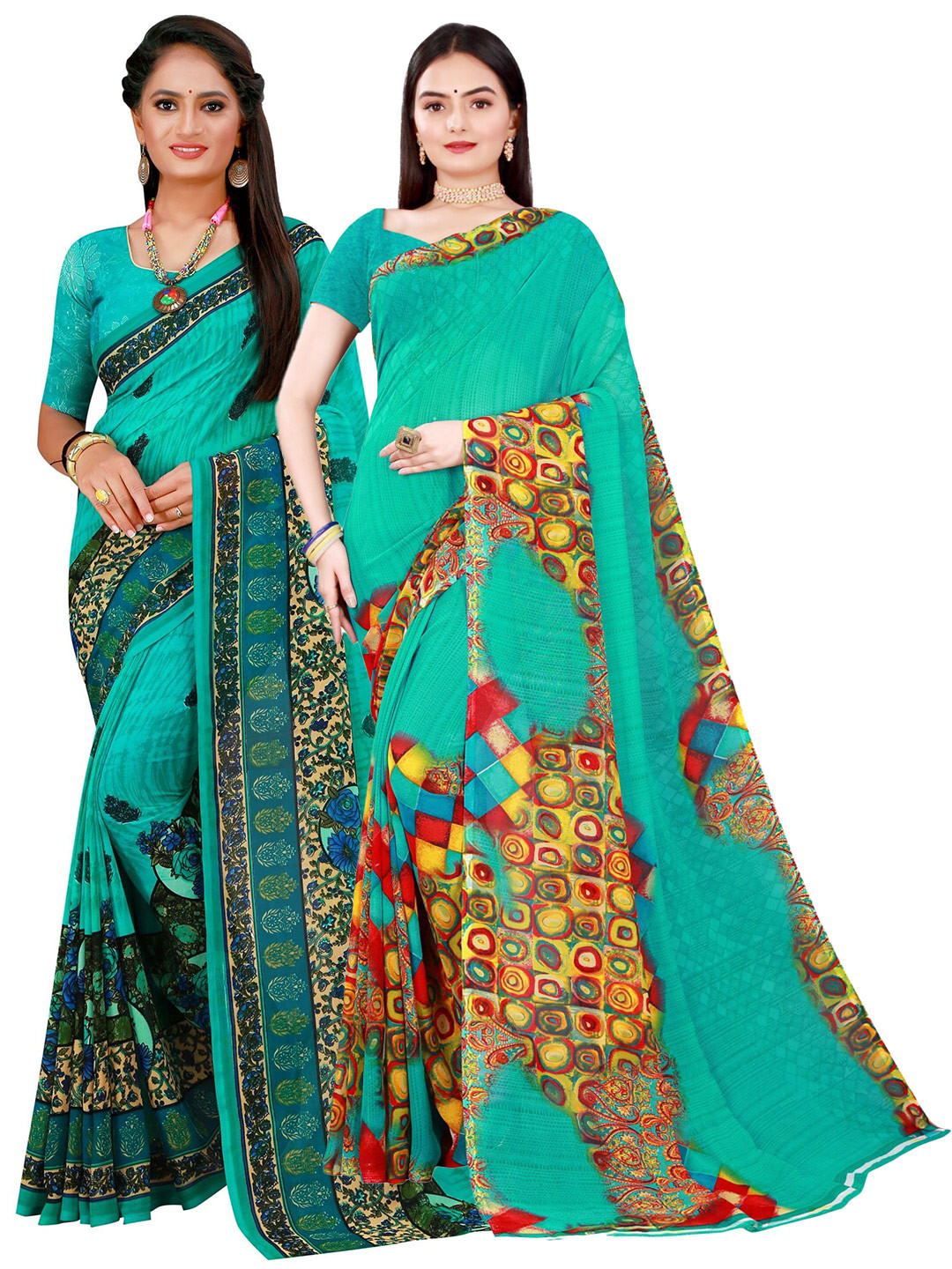 

SAADHVI Turquoise Blue & Red Pure Georgette Saree
