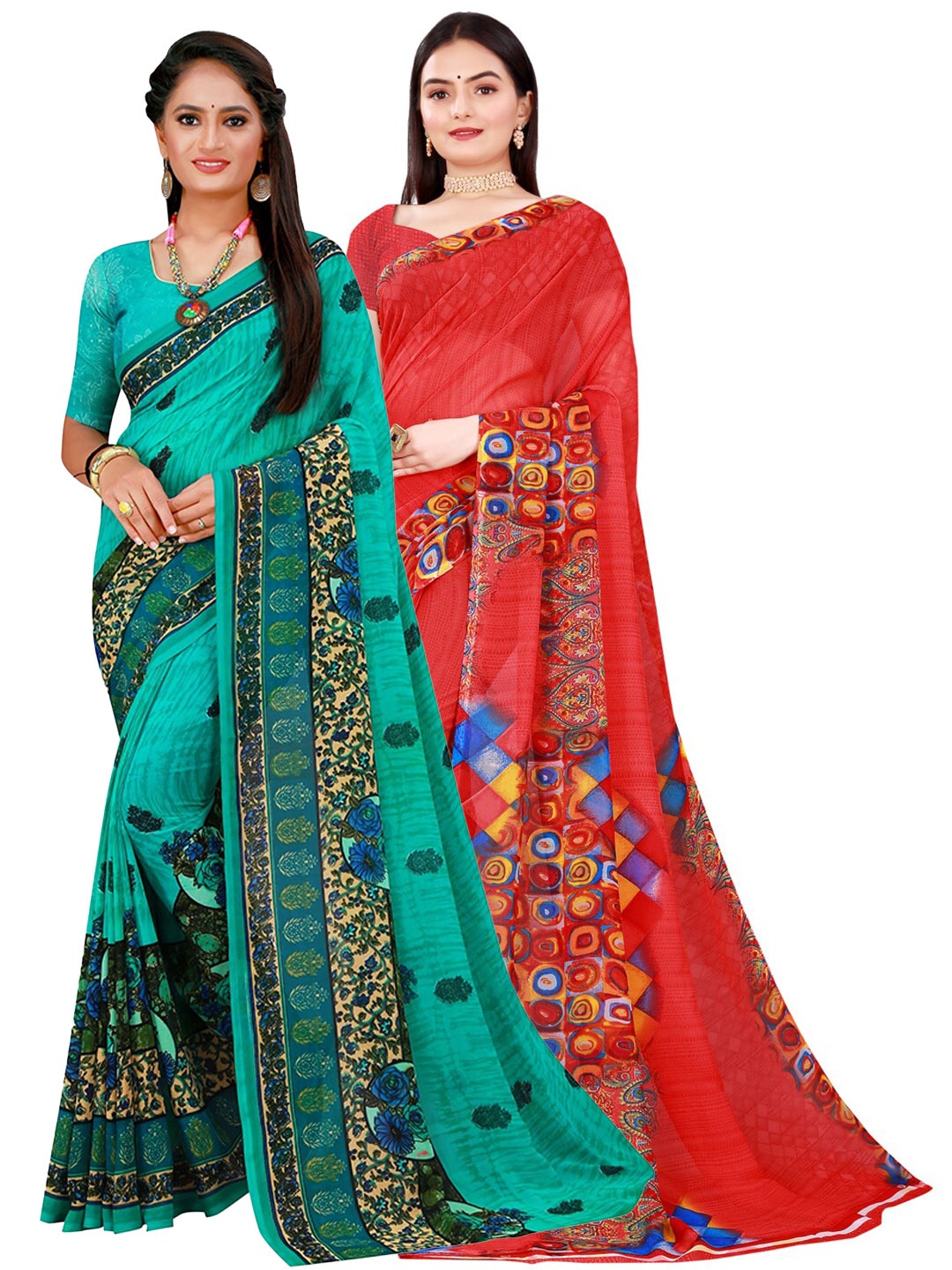 

SAADHVI Red & Green Floral Pure Georgette Saree