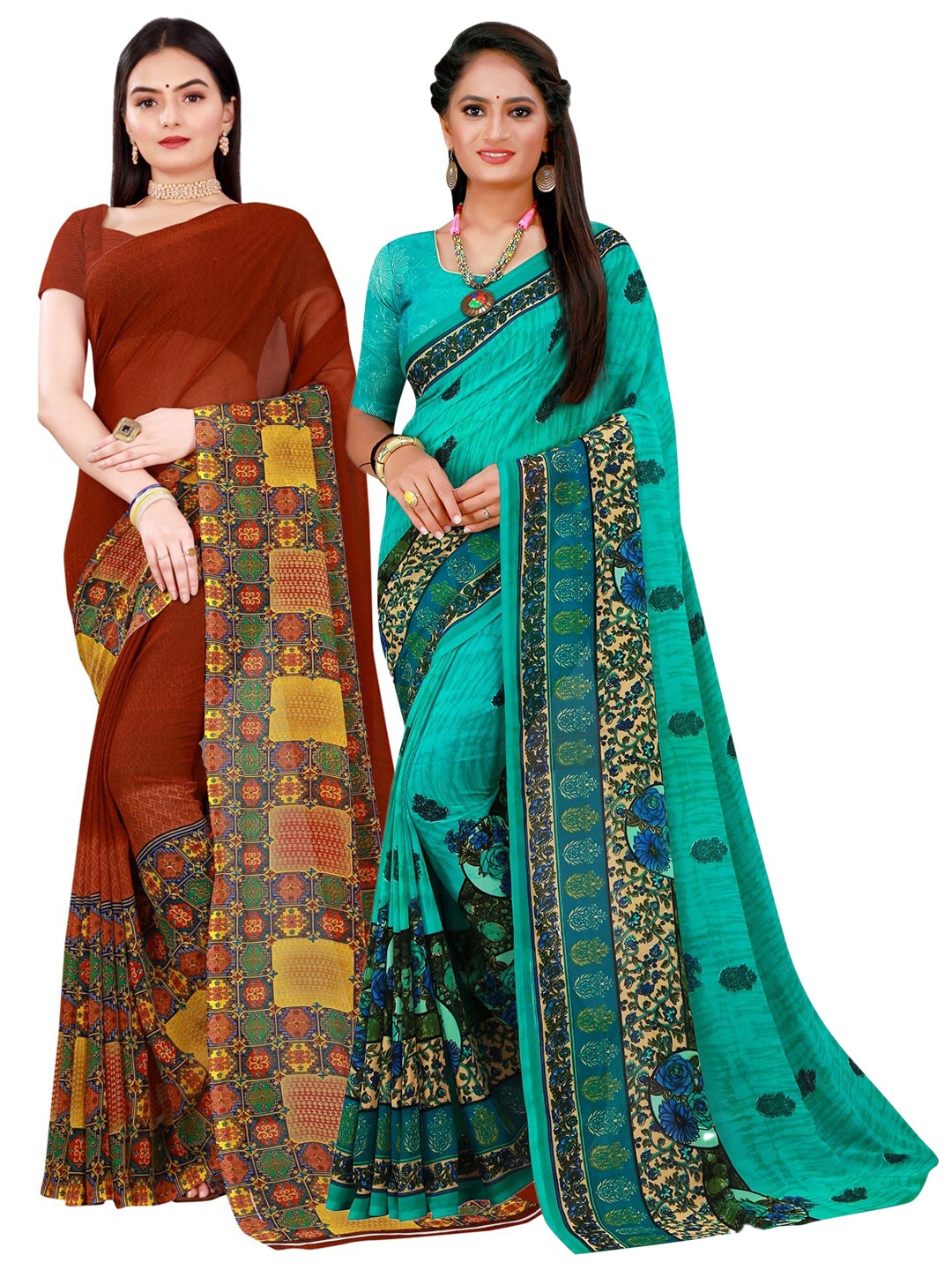 

SAADHVI Turquoise Blue & Brown Pure Georgette Saree