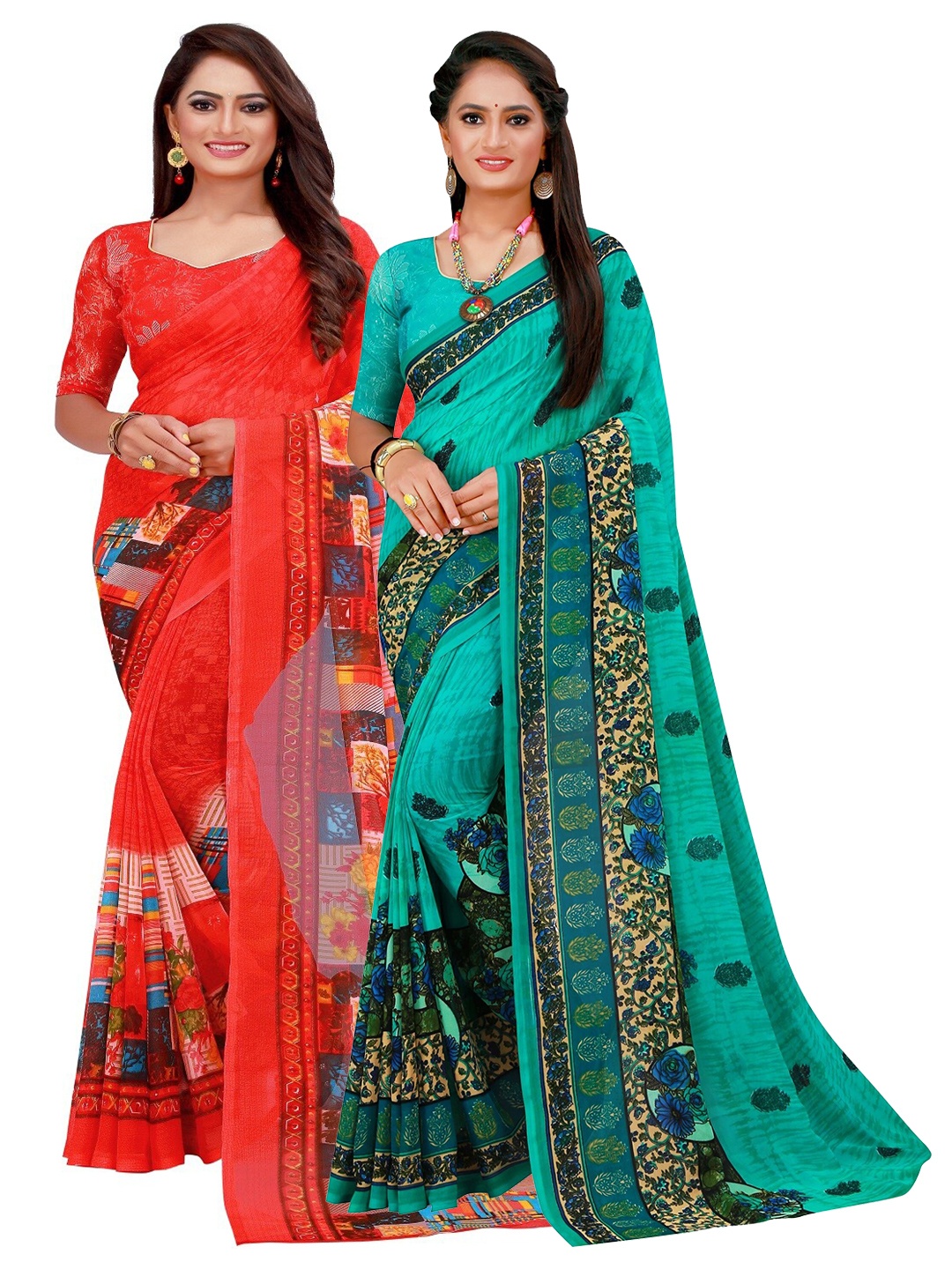 

SAADHVI Turquoise Blue & Red Pure Georgette Saree