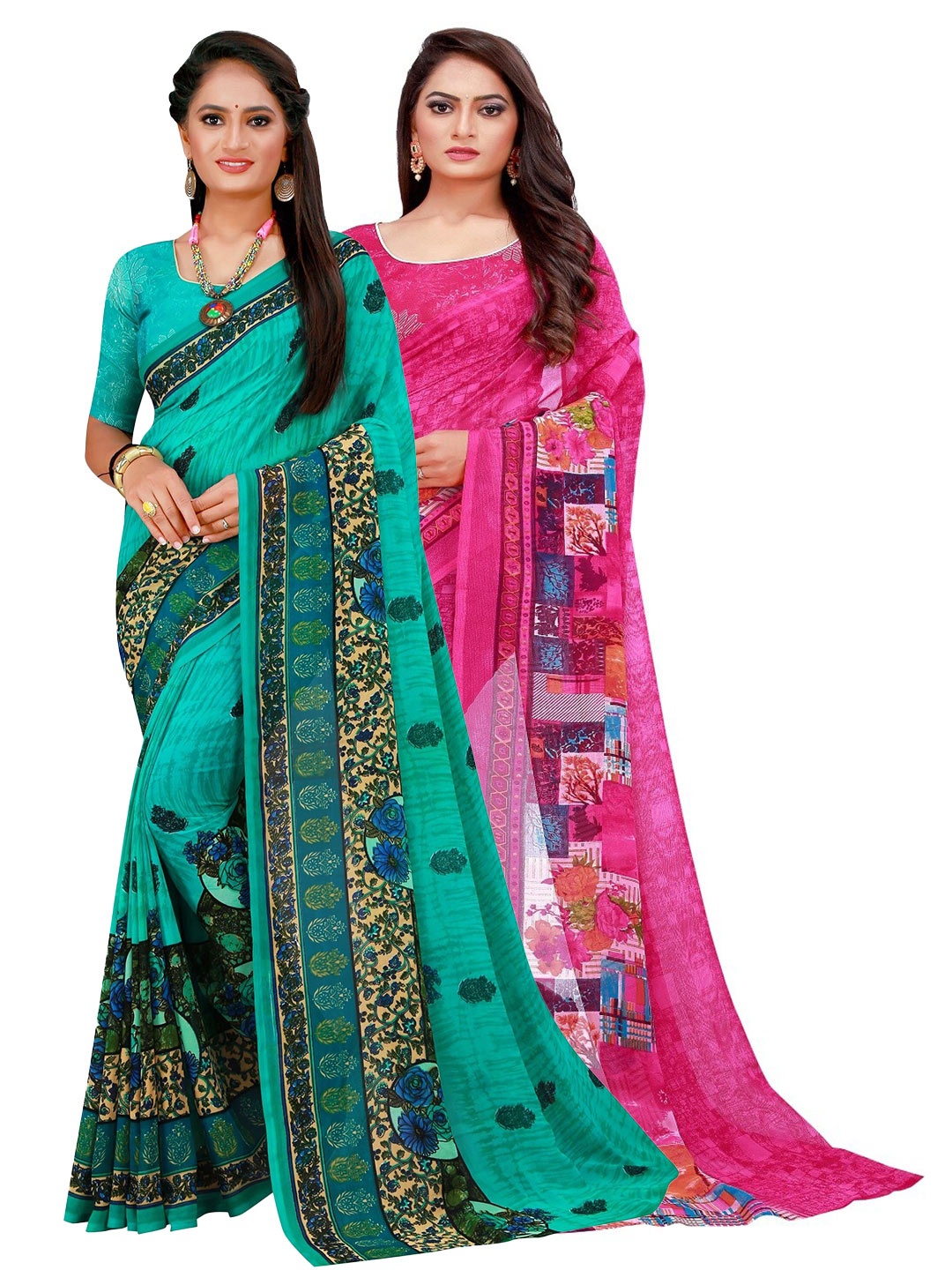 

SAADHVI Magenta & Green Floral Pure Georgette Saree