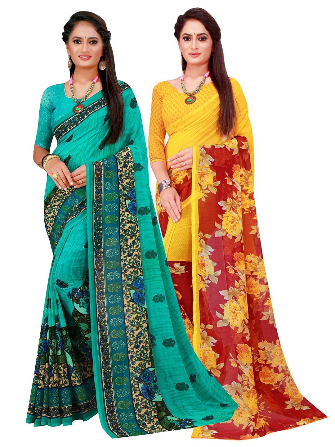 

SAADHVI Turquoise Blue & Yellow Pure Georgette Saree